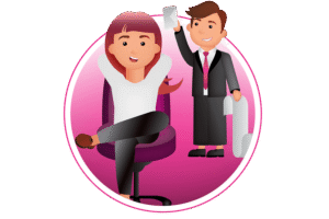 illustration - woman sitting relaxed in a chair and a man holding up papers