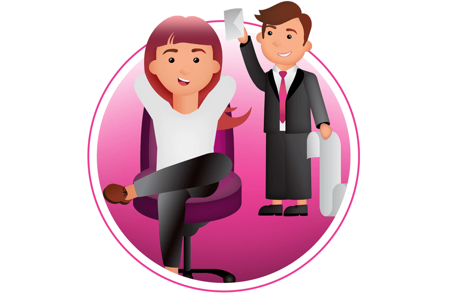 illustration - woman sitting relaxed in a chair and a man holding up papers