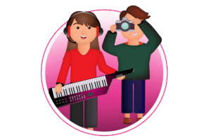 illustration - woman smiling and playing a keytar and a man smiling holding up a camera
