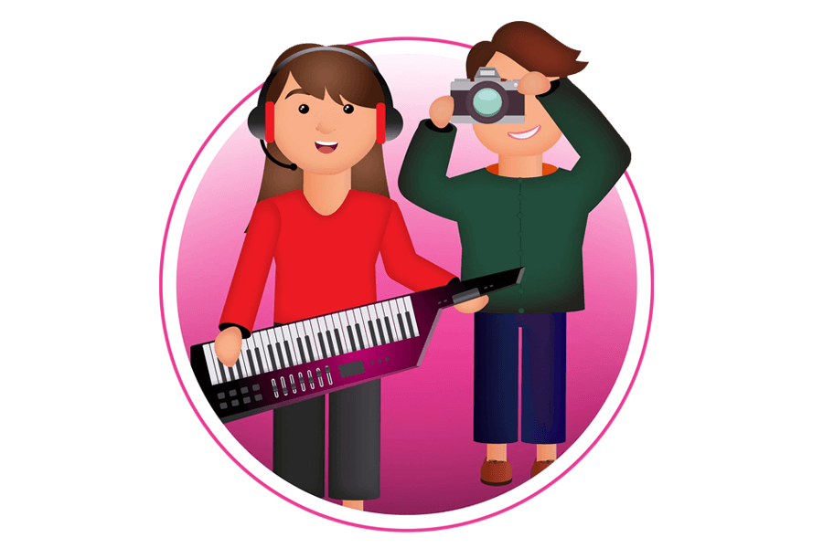 illustration - woman smiling and playing a keytar and a man smiling holding up a camera