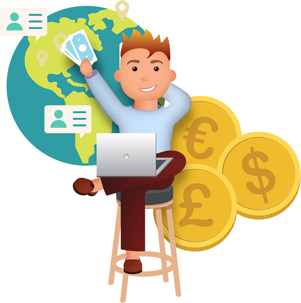 Illustration of a smiling man with laptop holding money-bills and a illustrations of a earthglobe and different currency coins in the background